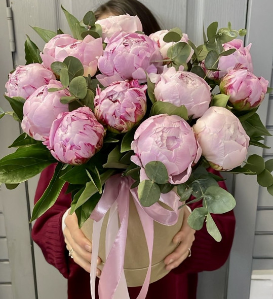 Пионы 13 шт. в шляпной коробке в Бахчисарае