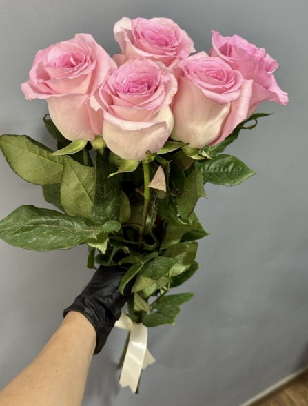 5 розовых роз, лента (Импортные) в Бахчисарае