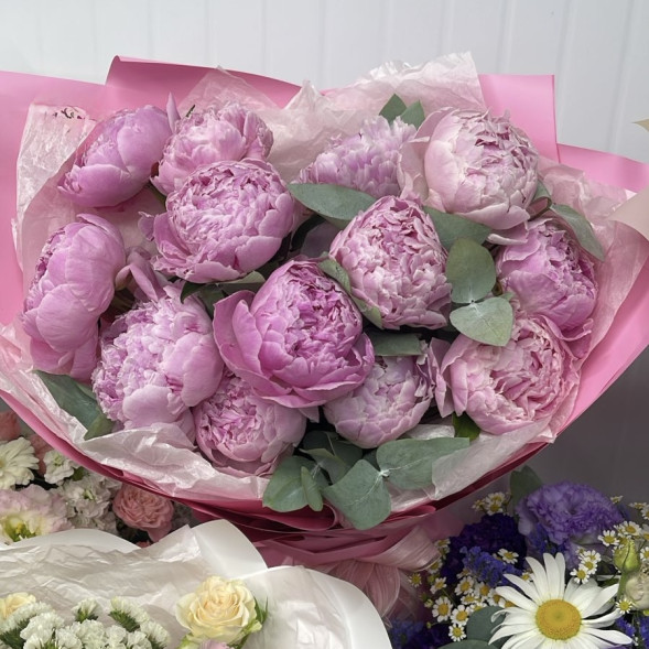 Букет 13 нежных пионов в упаковке в Бахчисарае