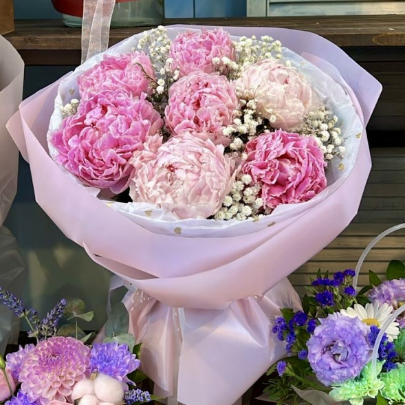 Букет 7 нежных пионов с гипсофилой в Бахчисарае